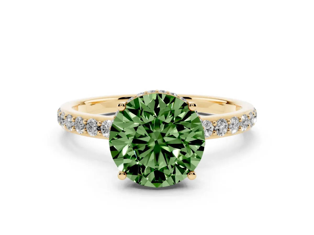Fancy Green Round Cut Diamond Solitaire Ring with Pavé Band and Hidden Halo Yellow gold