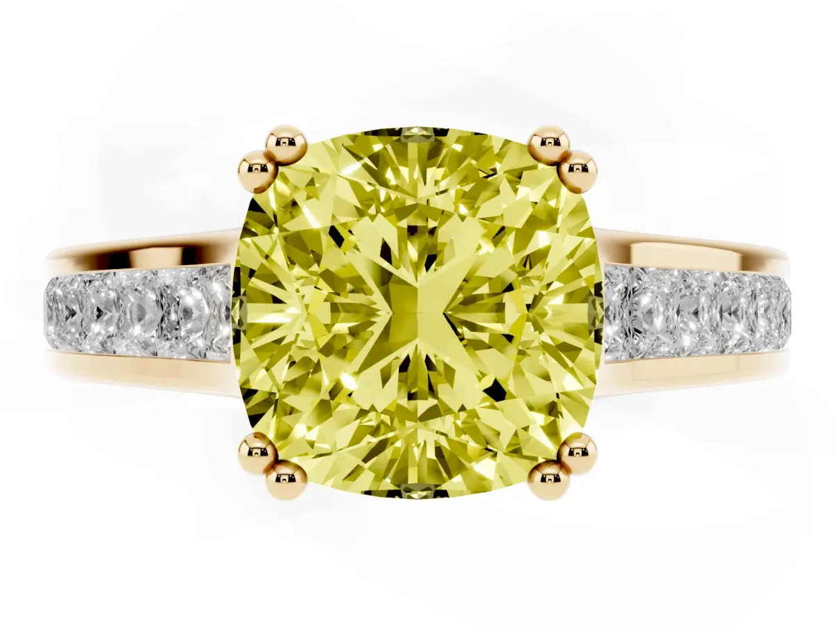 Fancy Yellow Cushion Cut Cut Channel Set Solitaire Engagement Ring with Prong Setting Yellow gold