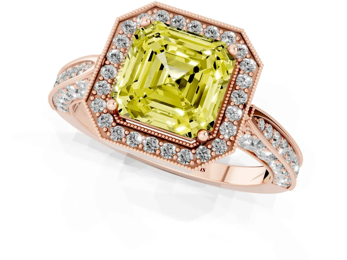 Fancy Yellow Asscher Cut Halo Diamond Engagement Ring with Split Shank Band and Four-Prong Setting Rose gold