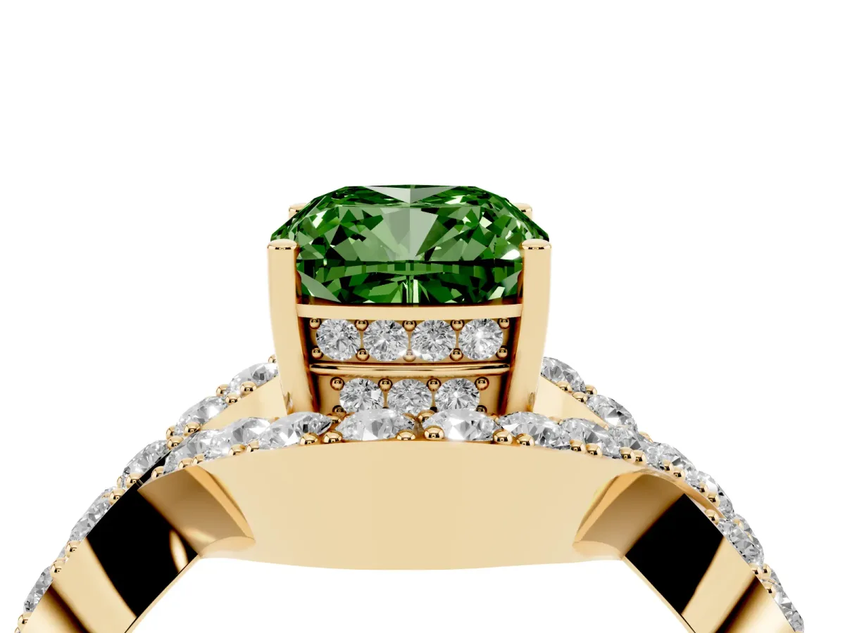 Fancy Green Cushion Cut Solitaire Twist Band Pavé Diamond Engagement Ring Yellow gold