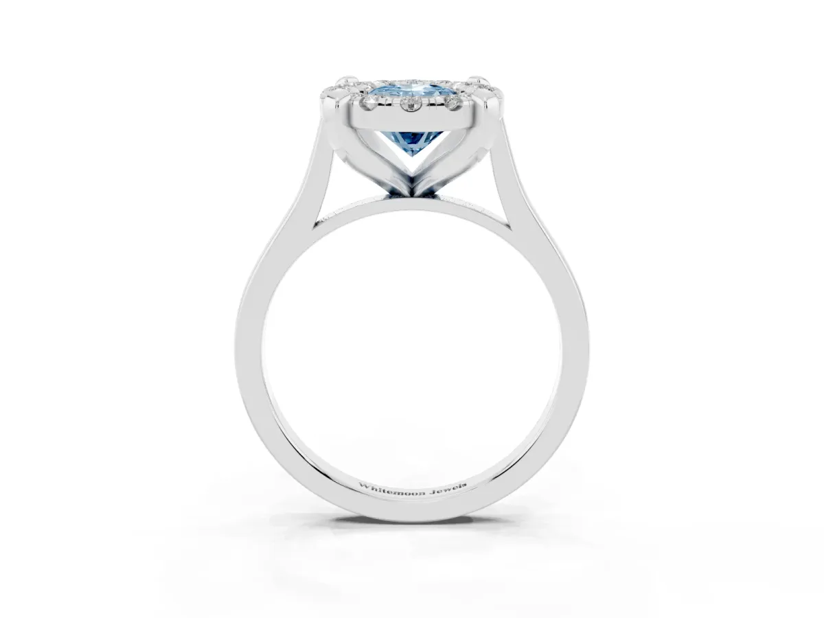 Fancy Blue Oval Cut Diamond Cluster Halo Solitaire with Four-Prong Setting Silver