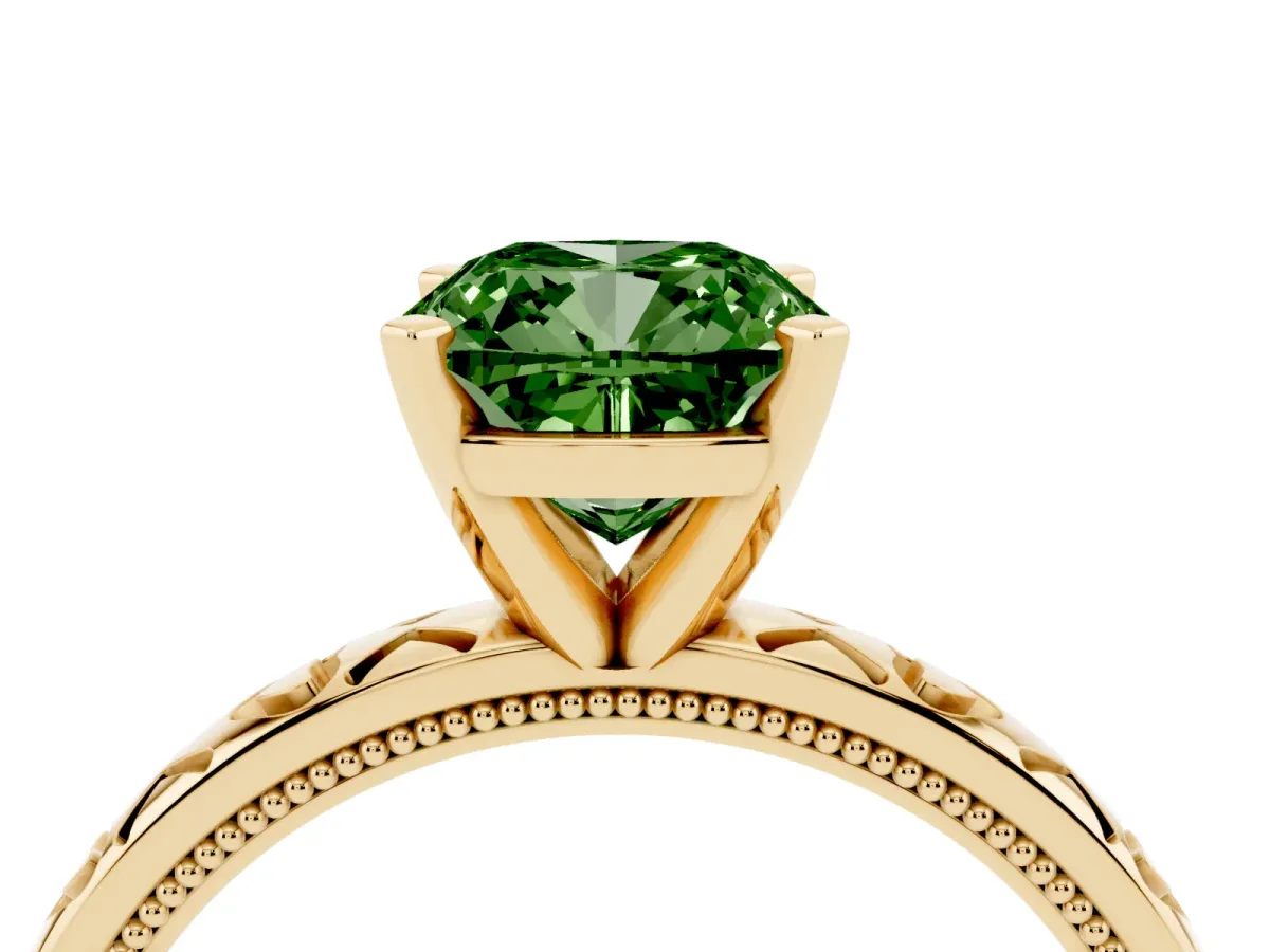 Fancy Green Cushion Cut Solitaire Diamond Engagement Ring with XO Engraved Band and Four-Prong Setting Yellow gold
