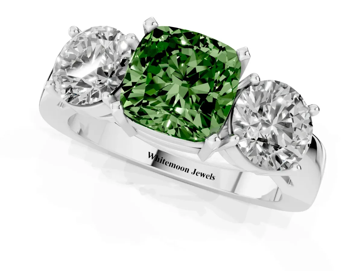 Fancy Green Three-Stone Cushion Cut Diamond Ring with Round Side Stones, Classic Band, and Four-Prong Setting Silver