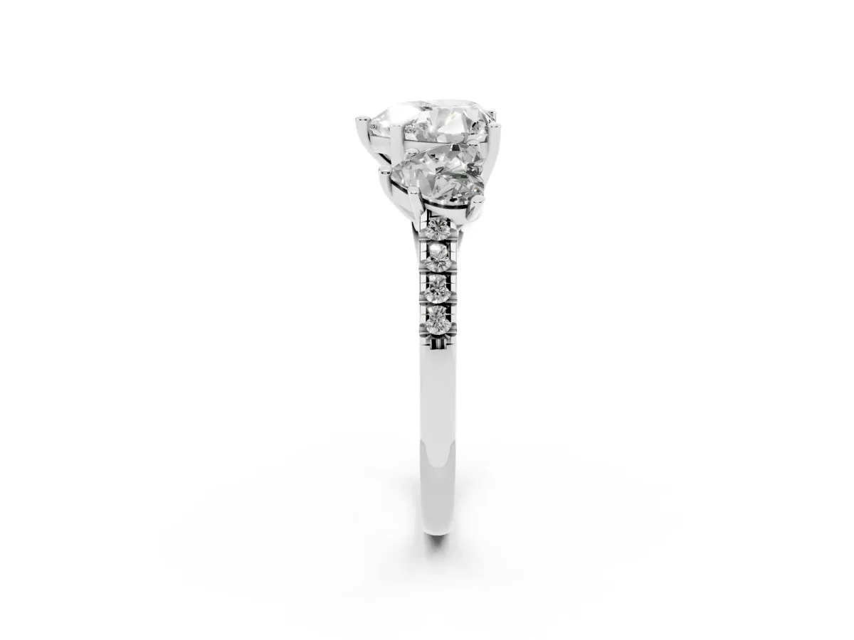 Three-Stone Heart Cut Diamond Ring with Round Pavé Band and Prong Setting Silver
