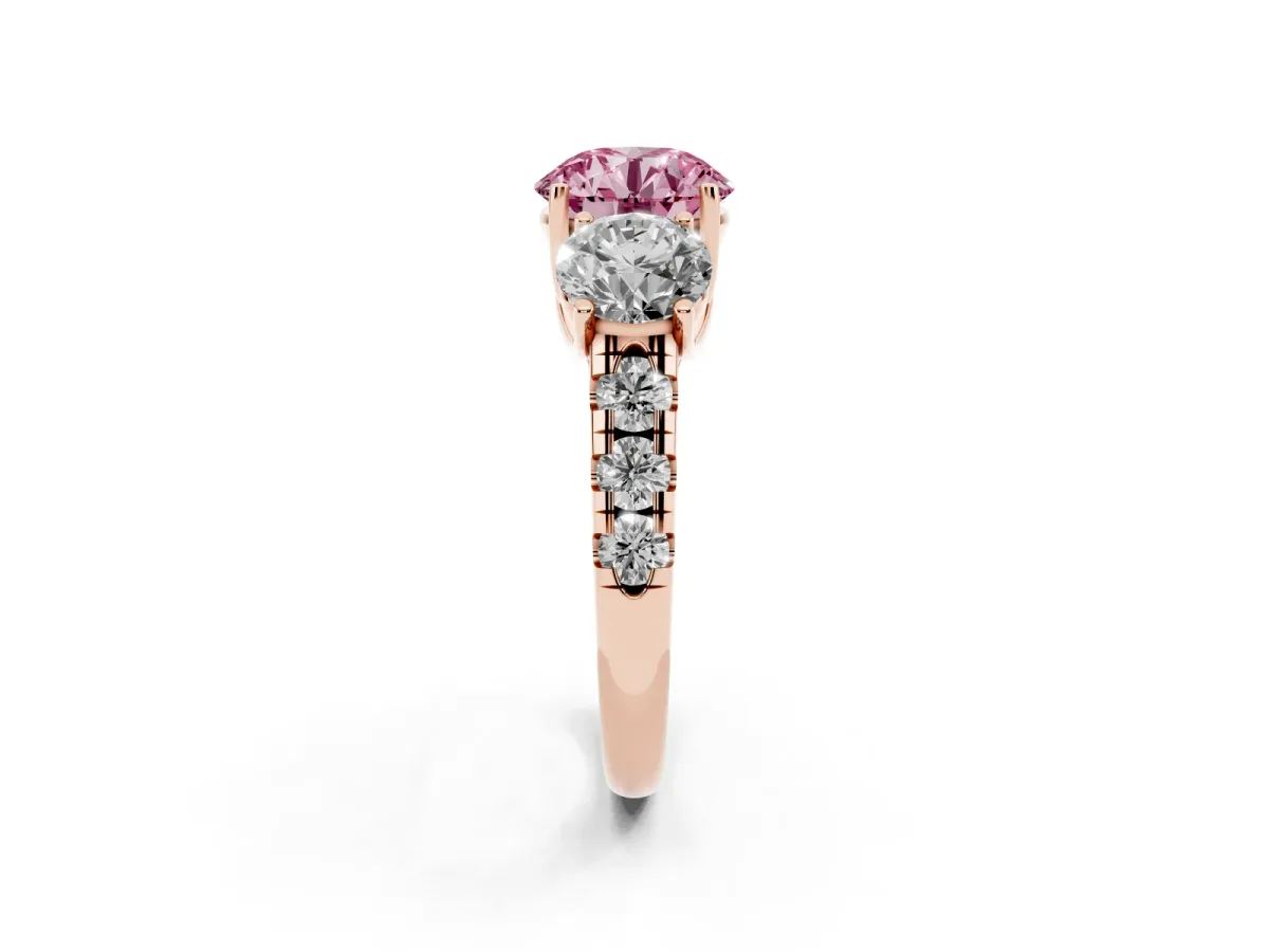 Fancy Pink Three-Stone Round Cut Diamond Pavé Band with Prong Setting Rose gold