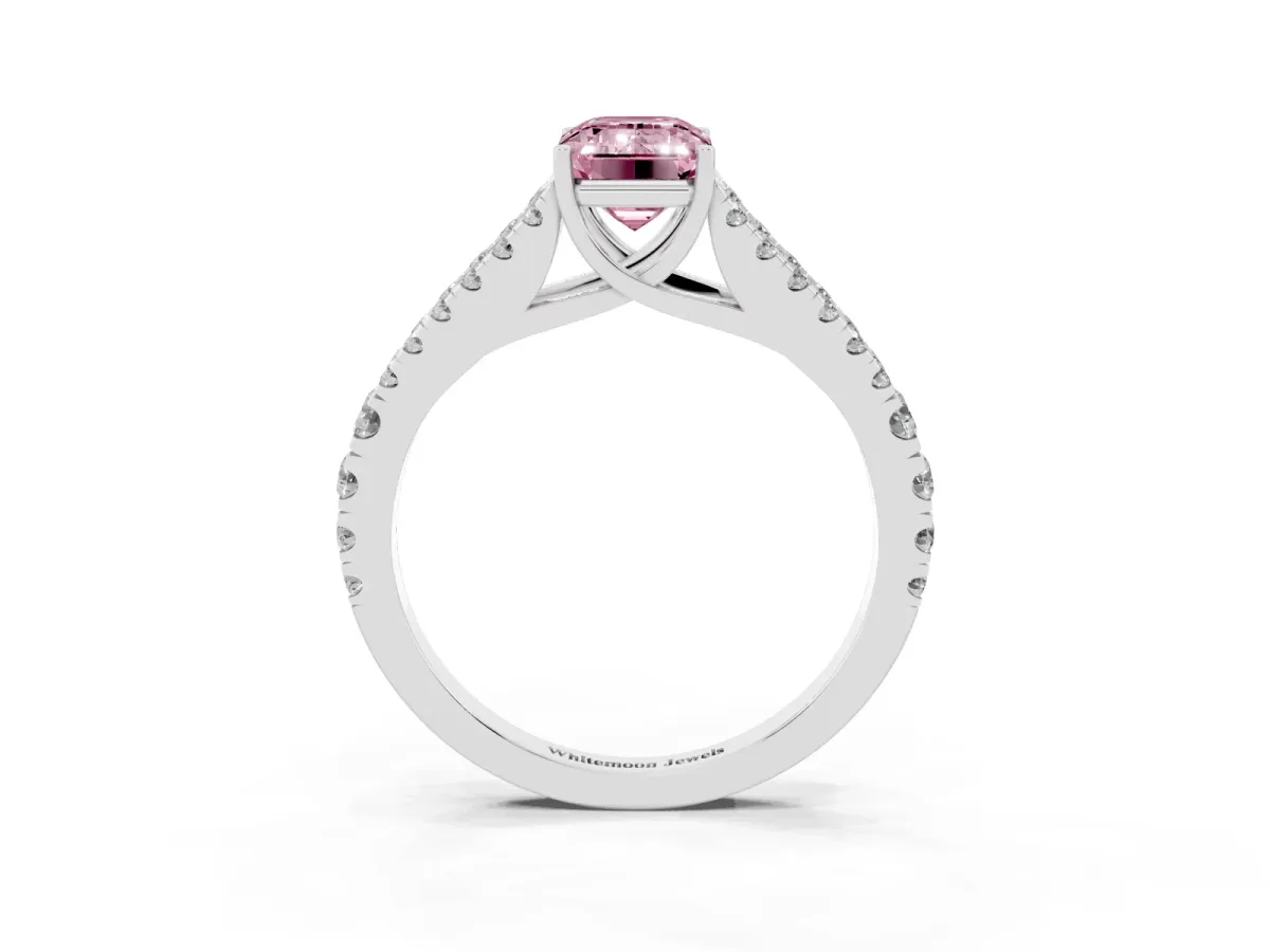 Fancy Pink Emerald Cut Diamond Split Shank Engagement Ring with Round Pavé and Prong Setting Silver