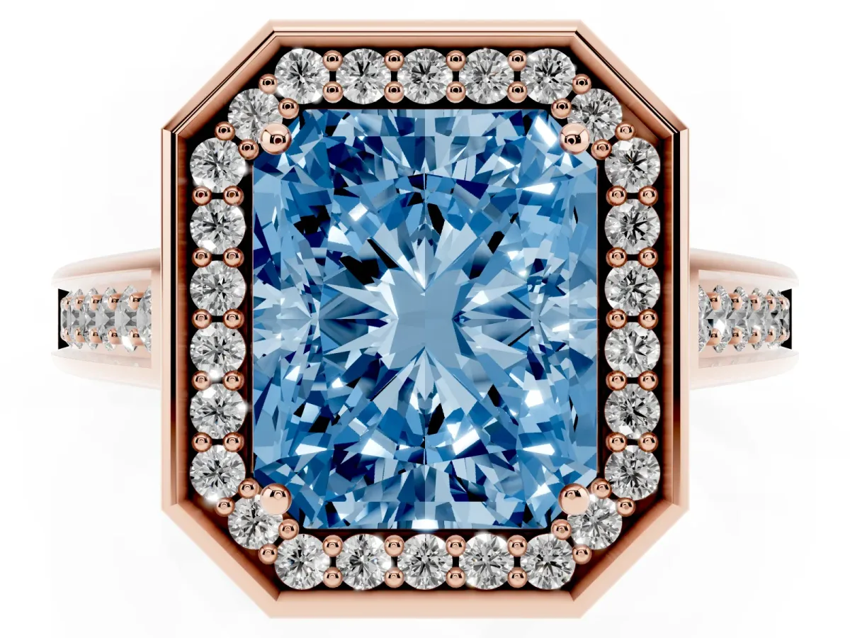 Fancy Blue Emerald Cut Halo Solitaire Diamond Ring with Pave Band and Bezel Setting Rose gold