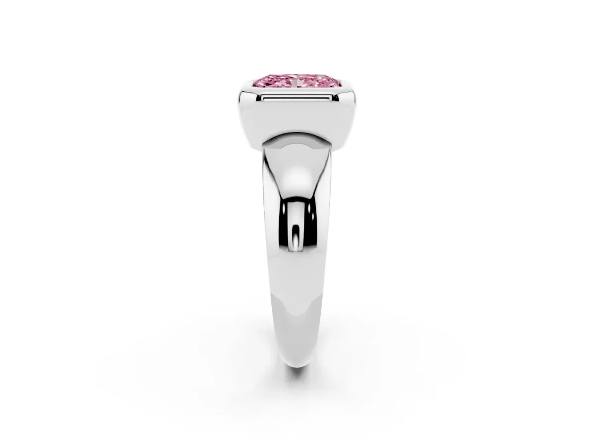Fancy Pink Bezel Set Radiant Cut Solitaire Ring with Wide Band Platinum