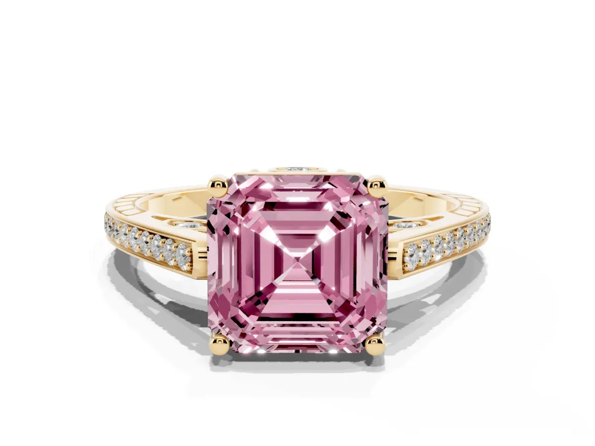 Fancy Pink Asscher Cut Cut Cathedral Pave Diamond Engagement Ring with Six-Prong Setting Yellow gold