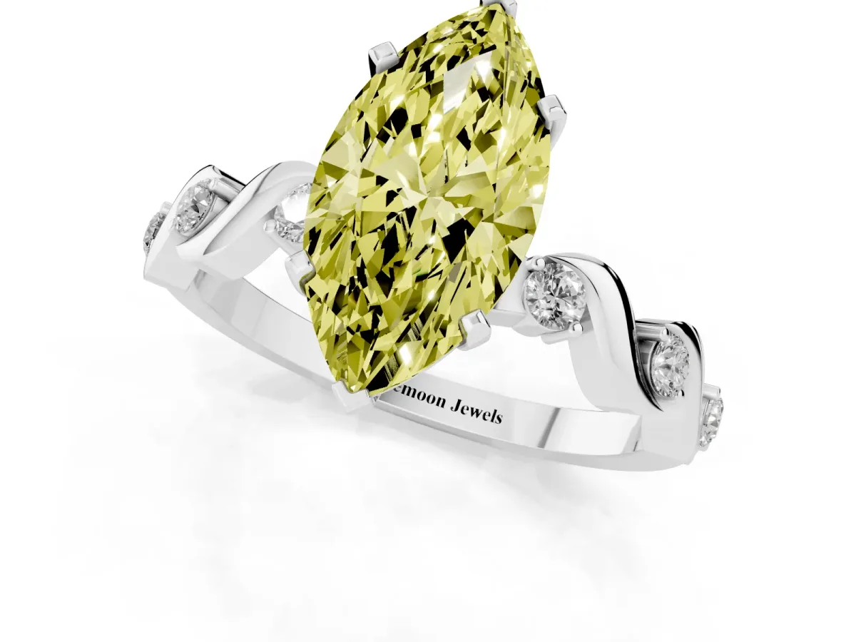 Fancy Yellow Marquise Cut Diamond Solitaire Twisted Band with Round Accents and Prong Setting White gold