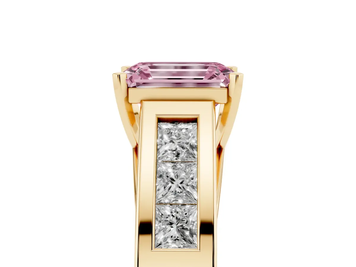 Fancy Pink Emerald Cut Cut Channel Set Solitaire Ring with Four-Prong Setting Yellow gold