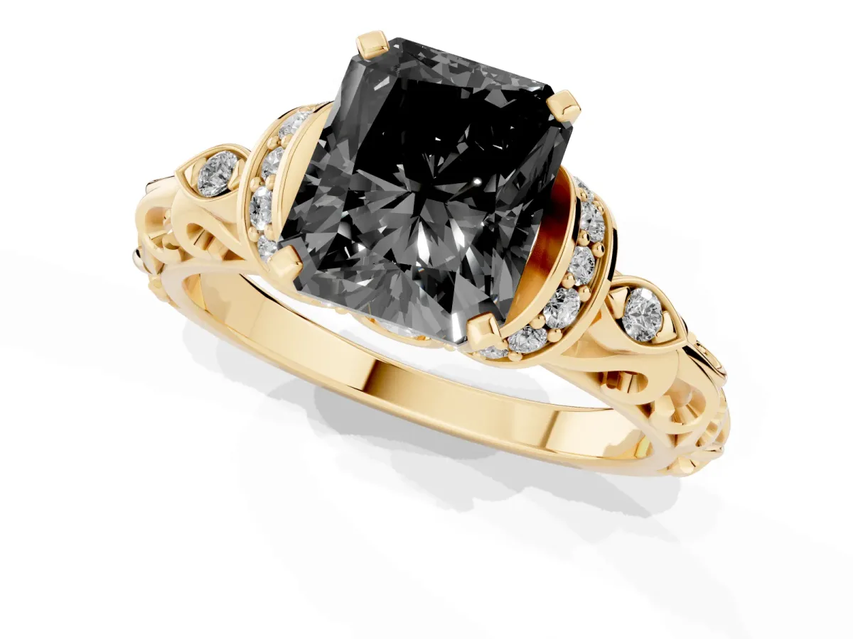 Fancy Black Radiant Cut Diamond Solitaire Ring with Filigree Band and Four-Prong Setting Yellow gold