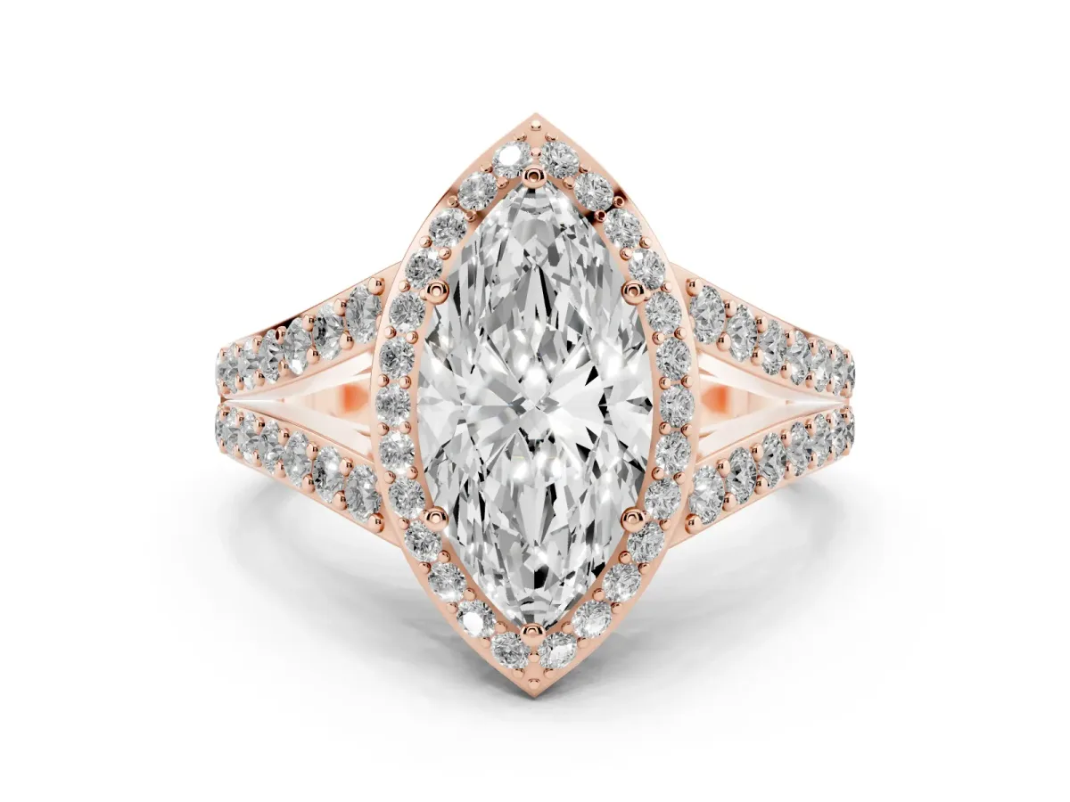 Marquise Cut Diamond Split Shank Halo Ring with Four-Prong Setting Rose gold