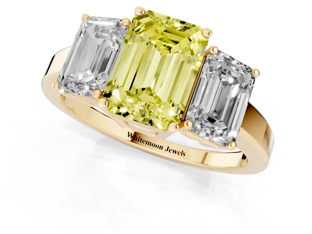 Fancy Yellow Three-Stone Emerald Cut Cut Diamond Engagement Ring with Flat Band and Four-Prong Setting Yellow gold