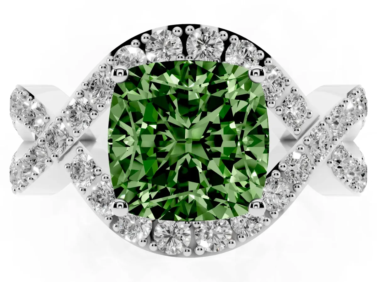 Fancy Green Cushion Cut Solitaire Twist Band Pavé Diamond Engagement Ring Silver