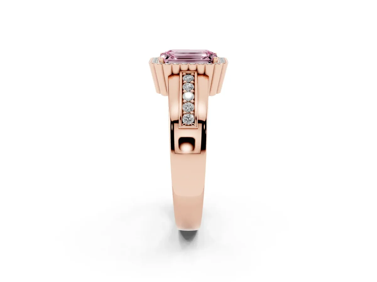 Fancy Pink Emerald Cut Cut Halo Pave Band Four-Prong Ring Rose gold
