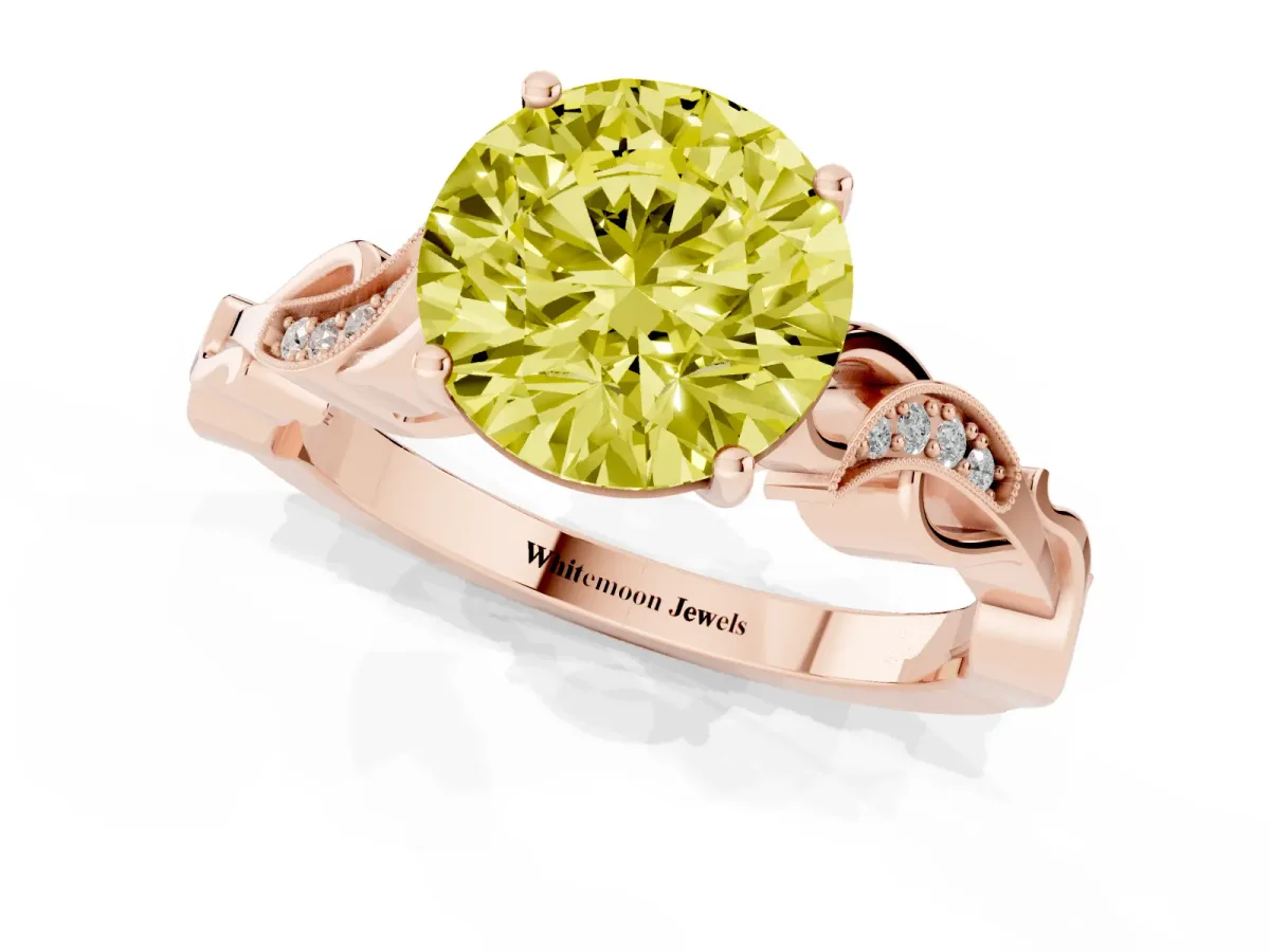 Fancy Yellow Round Cut Solitaire Vine Band with Milgrain Prong Setting Rose gold