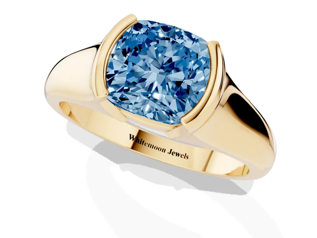 Fancy Blue Cushion Cut Solitaire Tension Set Diamond Ring with Split Shank Band Yellow gold