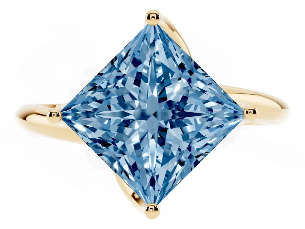 Fancy Blue Princess Cut Diamond Solitaire Engagement Ring with Four-Prong Setting and Classic Band Yellow gold