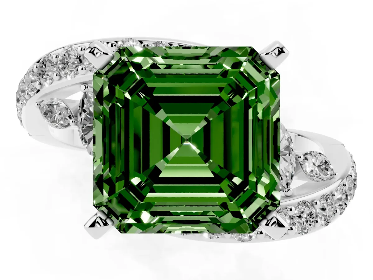 Fancy Green Asscher Cut Solitaire with Pavé Twist Band and Four-Prong Setting Silver