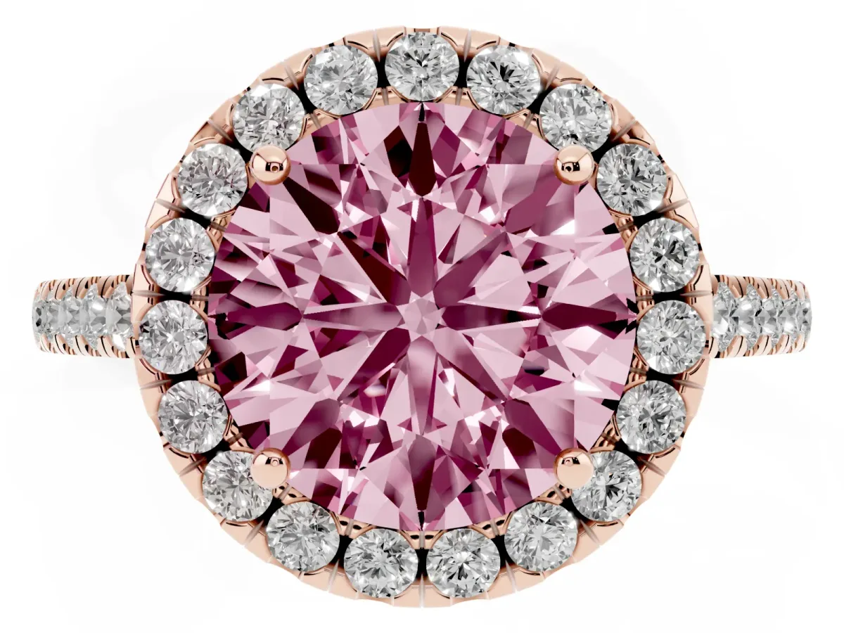 Fancy Pink Round Cut Halo Pavé Diamond Engagement Ring with Four-Prong Setting Rose gold