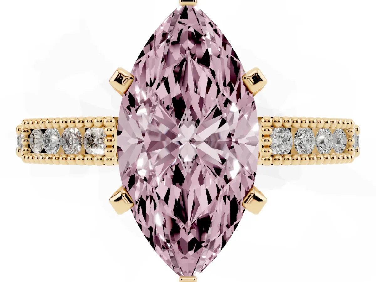 Fancy Pink Marquise Cut Solitaire with Pavé Band and Four-Prong Setting Yellow gold