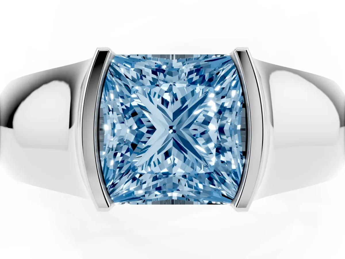 Fancy Blue Princess Cut Solitaire Bezel Set Diamond Ring with Wide Band Silver