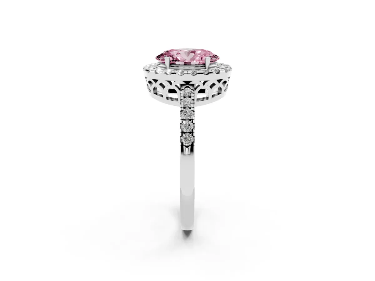 Fancy Pink Oval Cut Halo Diamond Engagement Ring with Pavé Band and Four-Prong Setting Platinum
