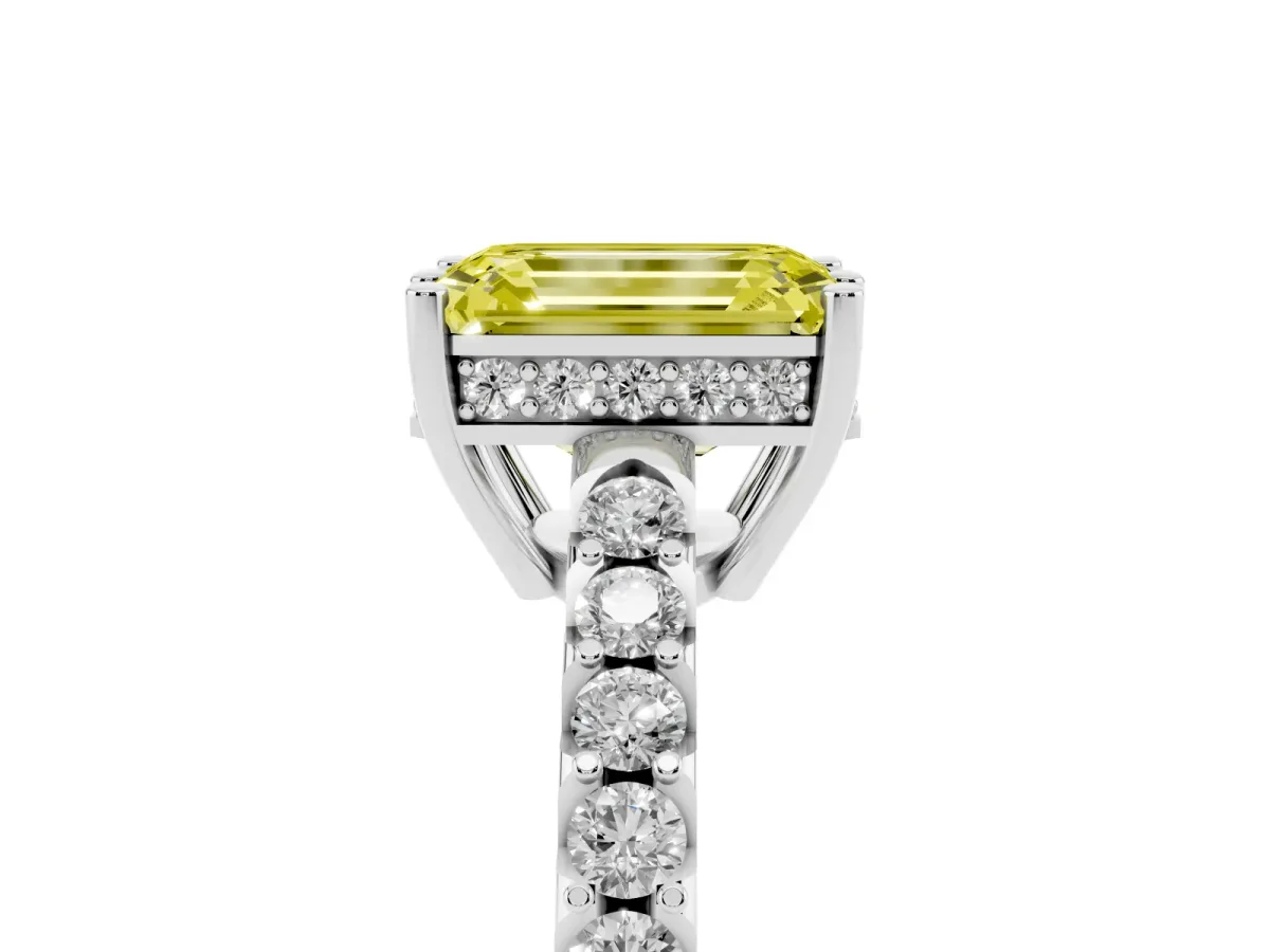Fancy Yellow Emerald Cut Solitaire Diamond Engagement Ring with Pavé Band and Six-Prong Setting Silver