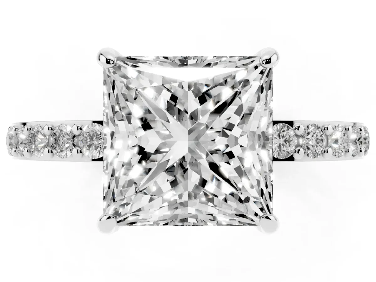 Princess Cut Diamond Pavé Engagement Ring with Round Accents and Prong Setting Platinum