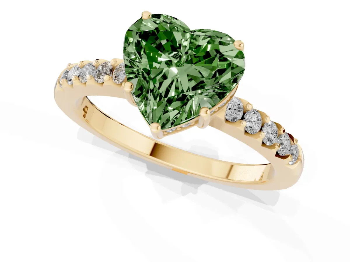 Fancy Green Heart Cut Solitaire Diamond Engagement Ring with Pavé Band and Six-Prong Setting Yellow gold