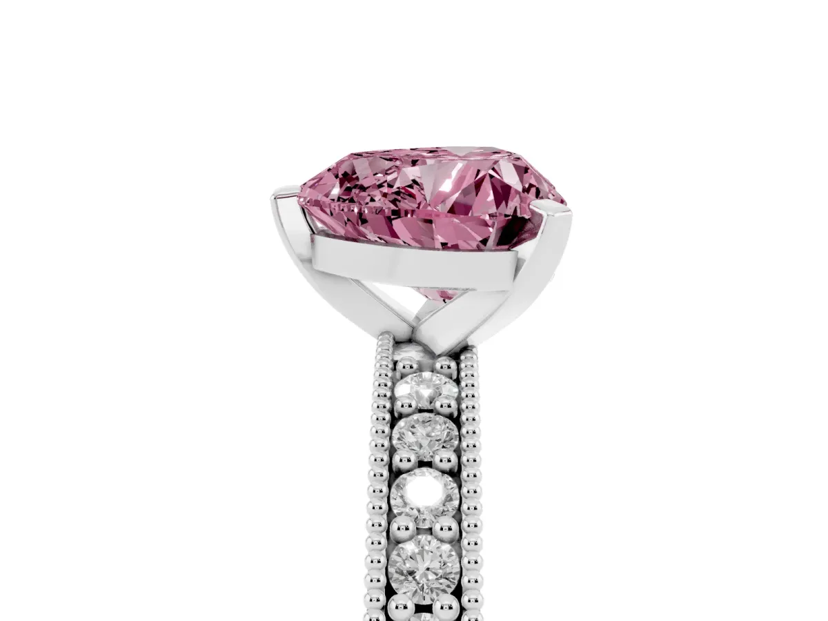 Fancy Pink Heart Cut Diamond Milgrain Pavé Engagement Ring with Four-Prong Setting Silver