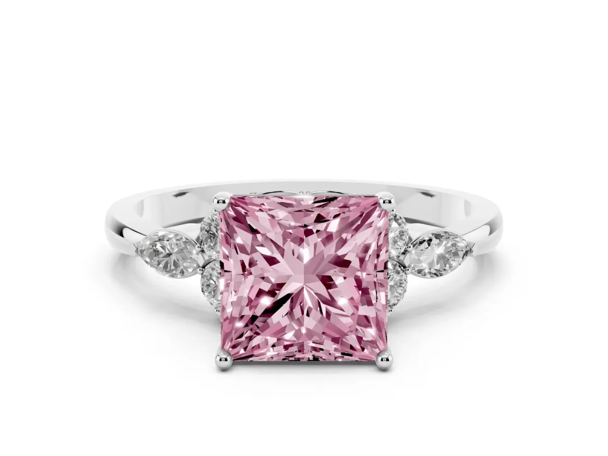 Fancy Pink Princess Cut Brilliant Diamond Solitaire Ring with Pear Side Stones and Four-Prong Setting White gold