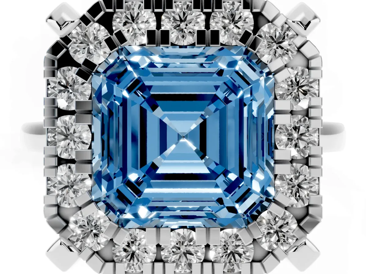 Fancy Blue Asscher Cut Diamond Cluster Halo Solitaire with Four-Prong Setting Silver