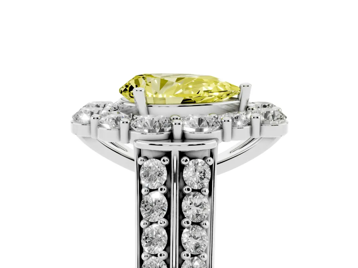 Fancy Yellow Pear Cut Halo Diamond Engagement Ring with Split Shank and Prong Setting Silver