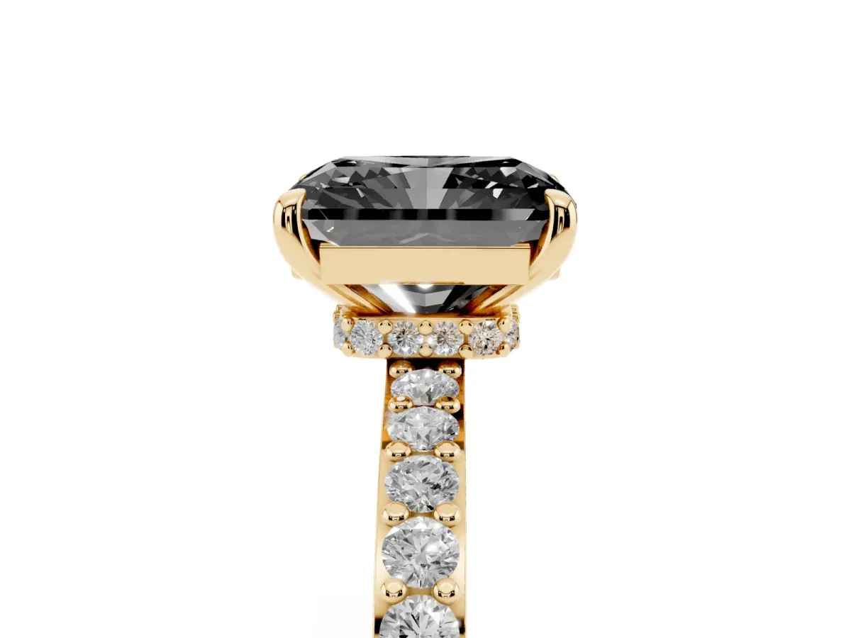 Fancy Black Radiant Cut Diamond Pavé Engagement Ring with Round Accents and Prong Setting Yellow gold