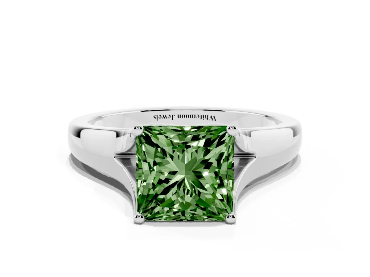 Fancy Green Princess Cut Solitaire Diamond Ring with Cathedral Band and Four-Prong Setting Silver