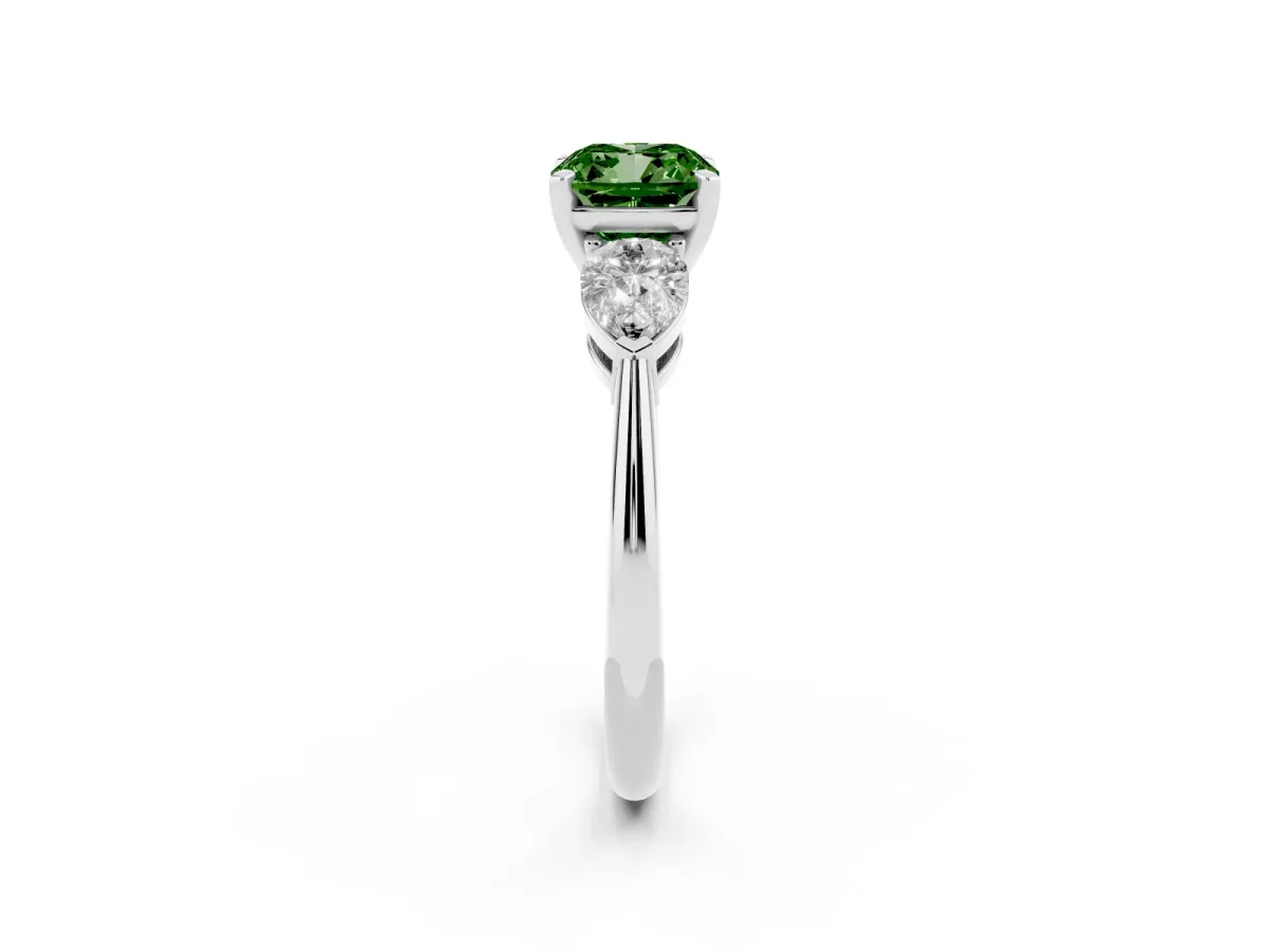 Fancy Green Three-Stone Cushion Cut Diamond Ring with Pear Side Stones and Four-Prong Setting Silver