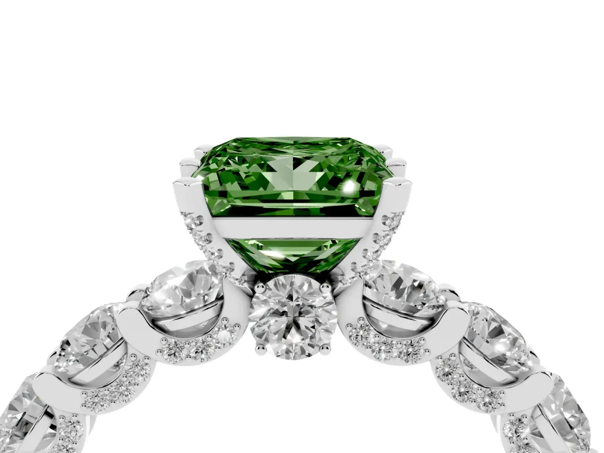 Fancy Green Princess Cut Diamond Side Stone Engagement Ring with Four-Prong Setting Silver