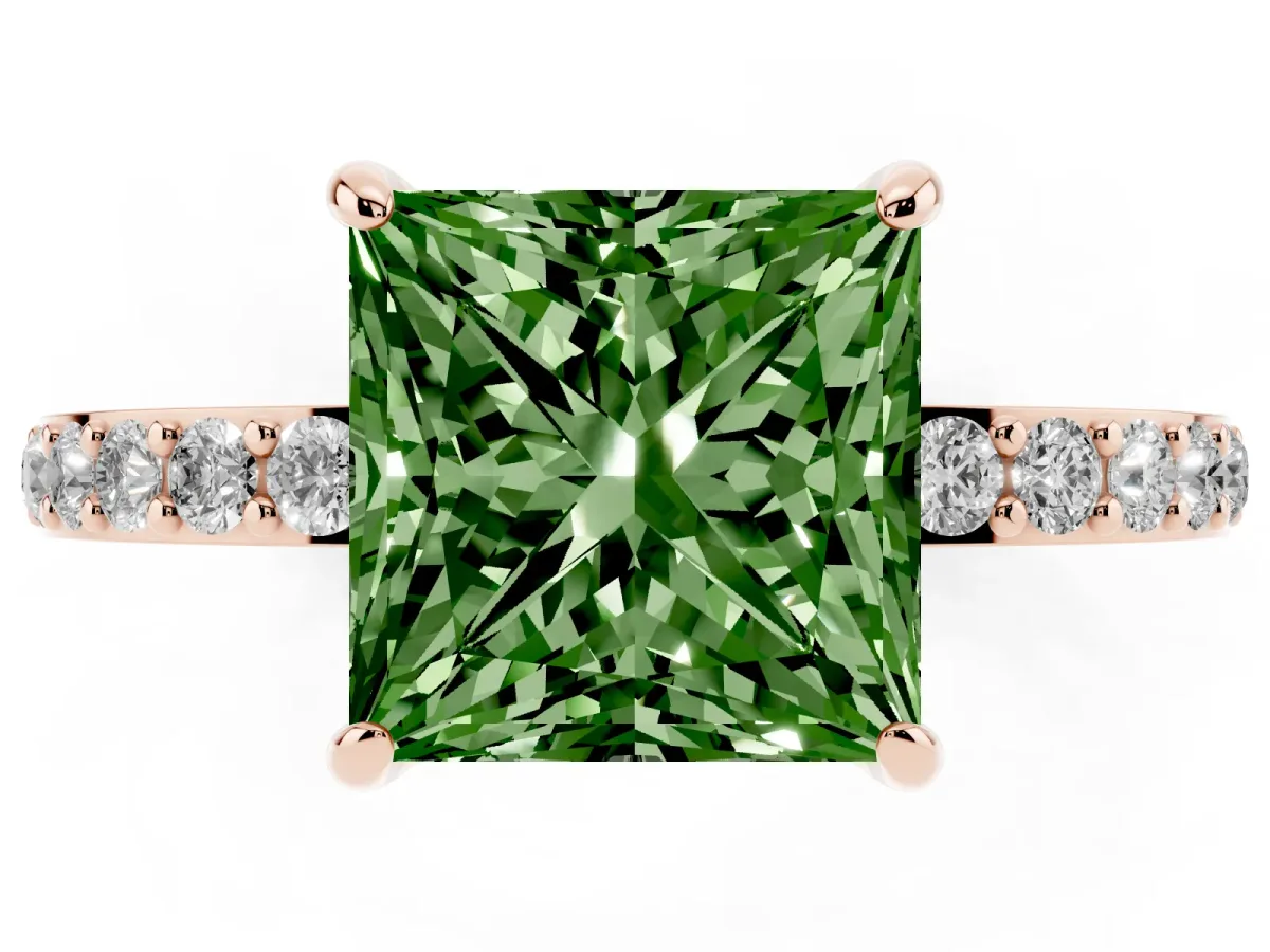 Fancy Green Princess Cut Diamond Solitaire Engagement Ring with Pavé Band and Four-Prong Setting Rose gold