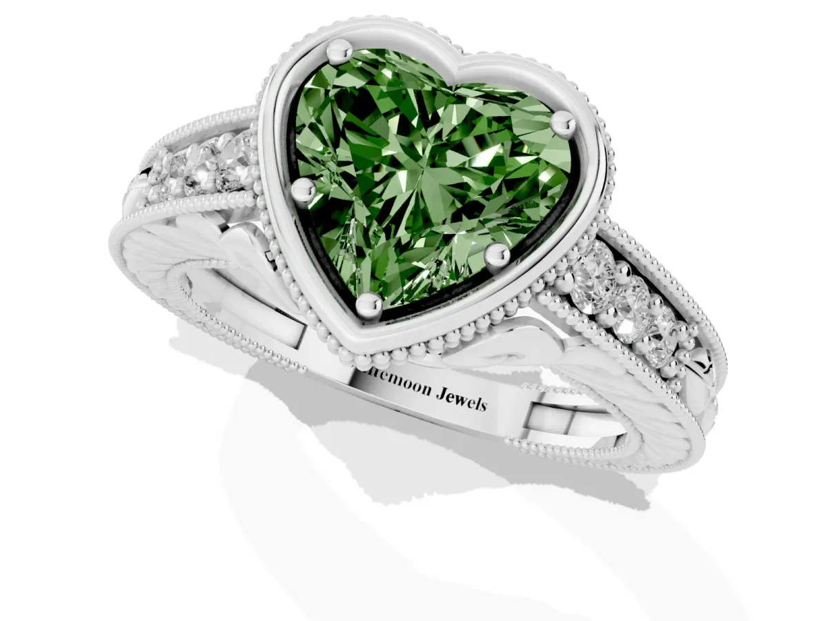 Fancy Green Bezel Set Heart Cut Diamond Milgrain Pave Engagement Ring Platinum