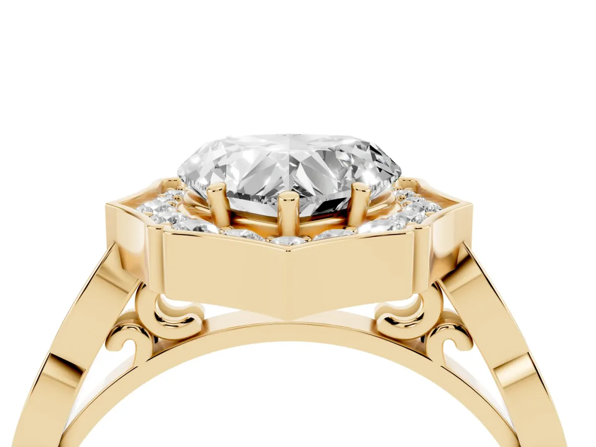 Heart Cut Halo Diamond Engagement Ring with Milgrain Band and Four-Prong Setting Yellow gold