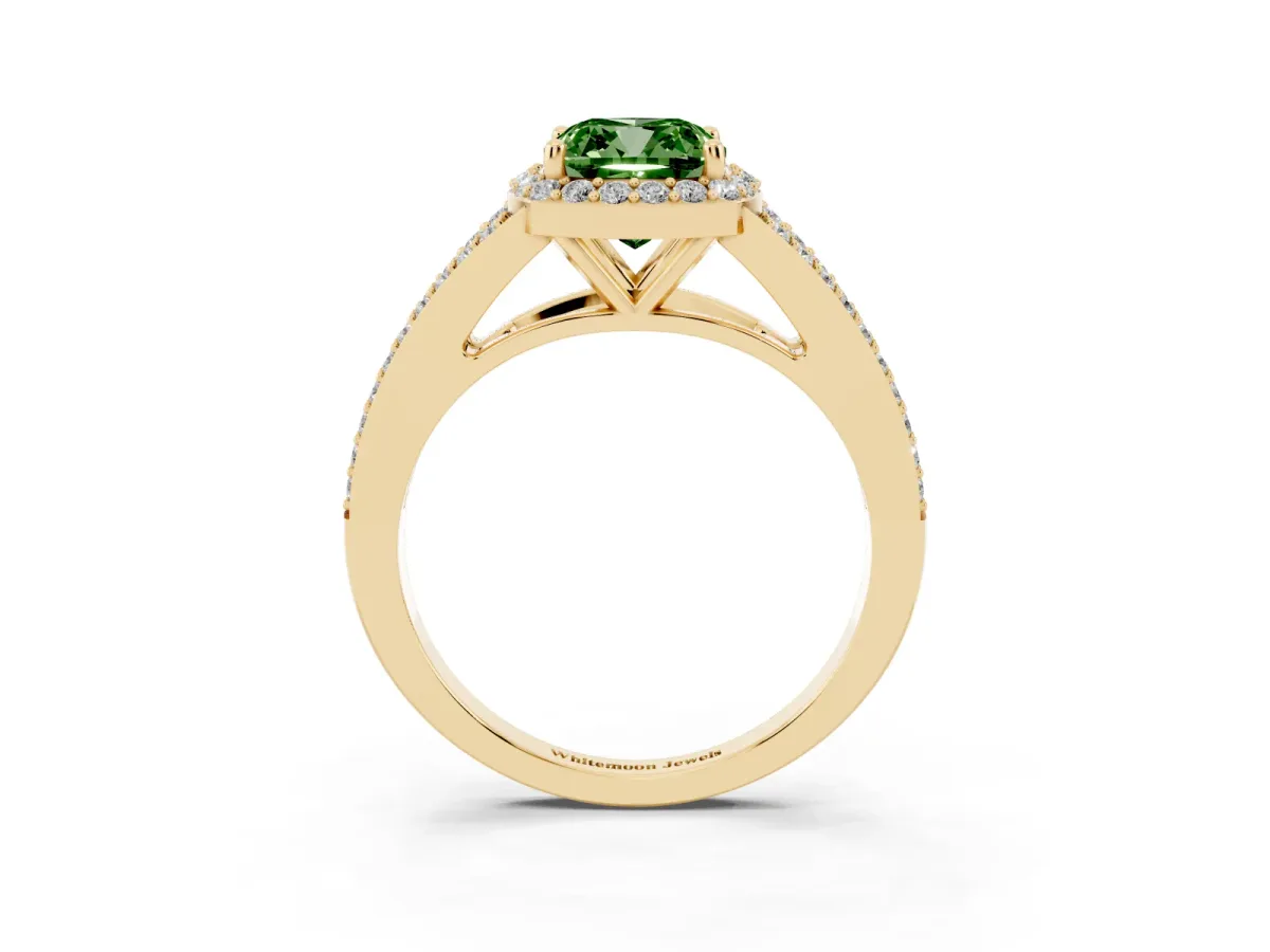 Fancy Green Cushion Cut Halo Split Shank Pave Diamond Ring with Four-Prong Setting Yellow gold