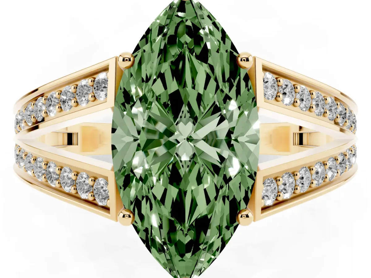 Fancy Green Marquise Cut Diamond Split Shank Ring with Pavé Band and Four-Prong Setting Yellow gold