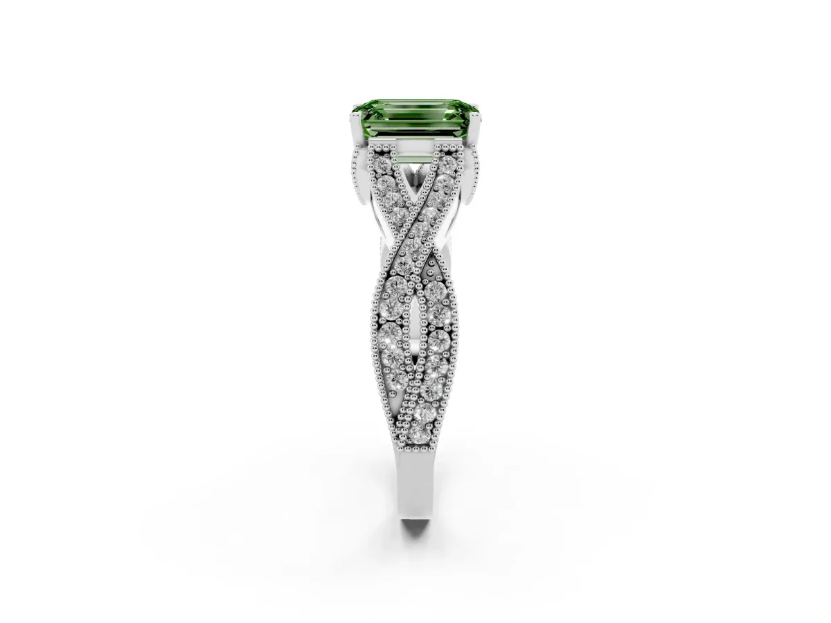 Fancy Green Emerald Cut Cut Diamond Twisted Band with Milgrain Pave Setting and Four-Prong Setting Silver