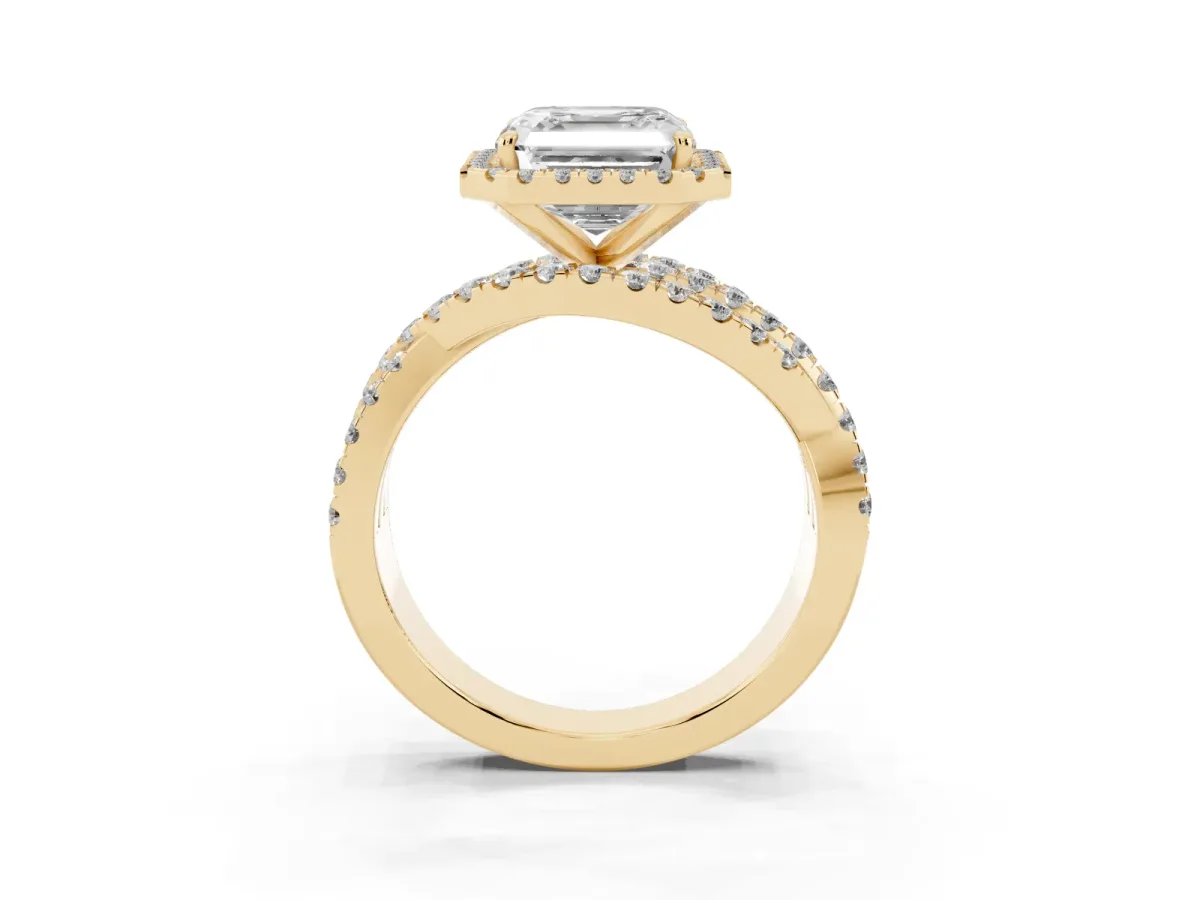 Asscher Cut Diamond Halo Ring with Round Split Shank and Prong Setting Yellow gold