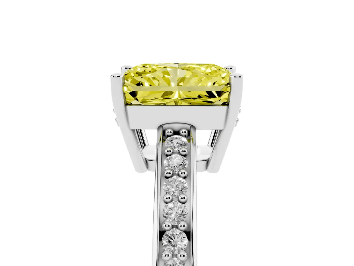 Fancy Yellow Radiant Cut Solitaire Pavé Band Prong Setting Ring Silver