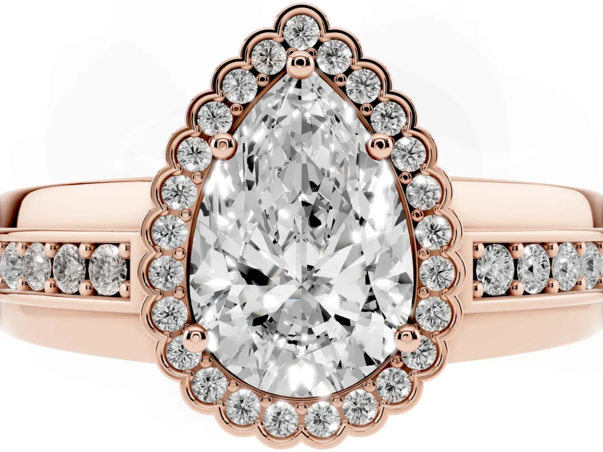 Pear Cut Cut Halo Pave Band Four-Prong Ring Rose gold