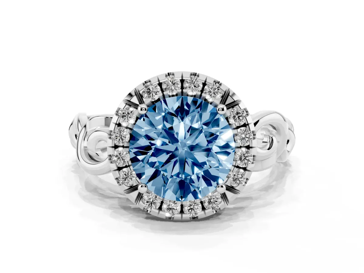 Fancy Blue Round Cut Cut Halo Diamond Ring with Scrollwork Band and Four-Prong Setting Platinum