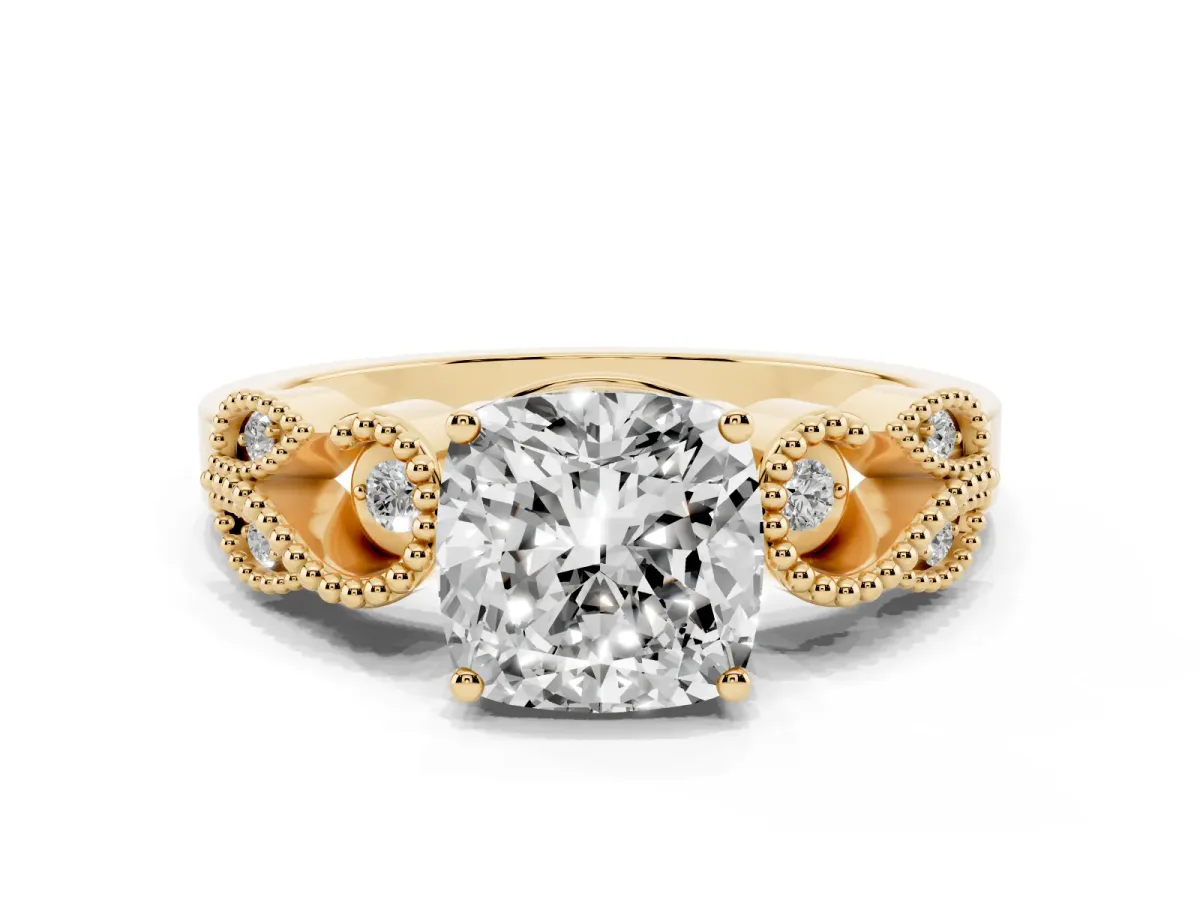 Cushion Cut Solitaire Milgrain Leaf Band with Prong Setting Yellow gold